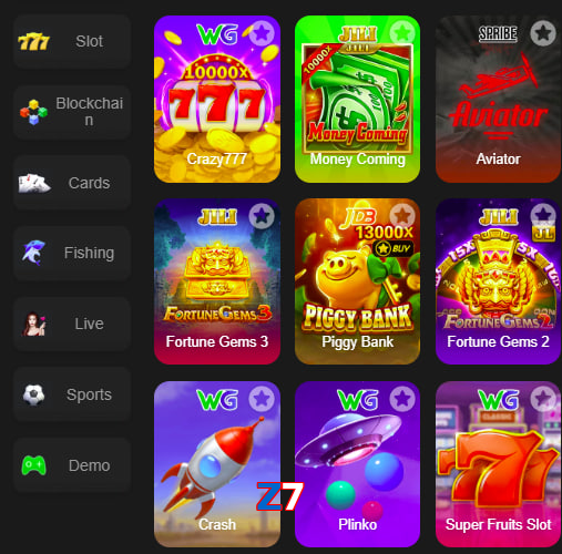 Main screen of Z7 game page for PK players